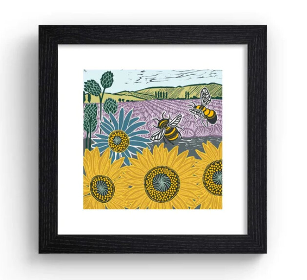 Print - Bees and Sunflowers - Oak Frame