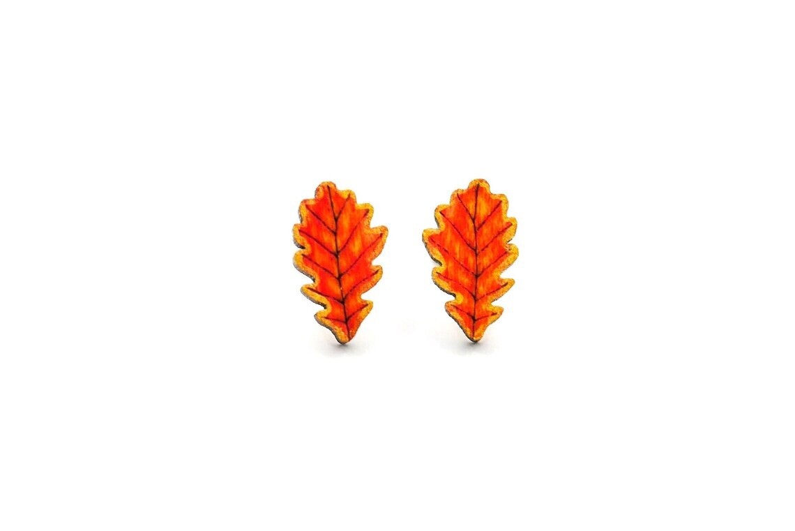Bearded Moon - Oak Leaves - Stud Earrings (Orange)