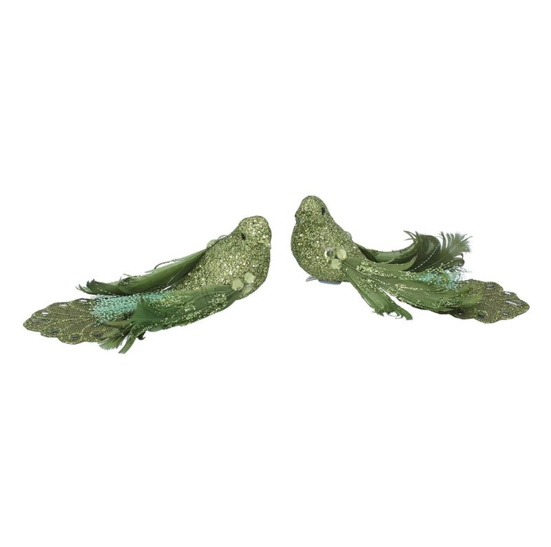 Gisela Graham - Green Clip Bird 13cm - Green Sparkle/Feather