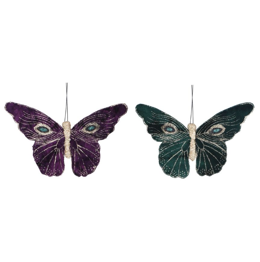 Gisela Graham - Fabric Clip on Dec 13cm - Purple/Green Butterfly (Assorted)