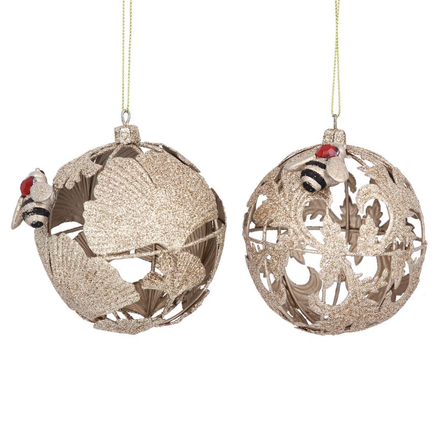 Gisela Graham - Metal Bauble 8cm - Gold Sparkle Leaf with Bee