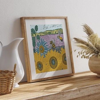 Tall Boy Prints - Bees &amp; Sunflowers Print - Oak Frame