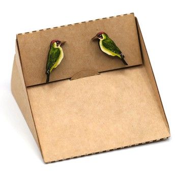 Bearded Moon - Green Woodpecker - Stud earrings