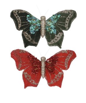 Gisela Graham - Fabric Clip-on Decoration 10cm - Red/Green Butterfly,
