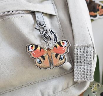 Ferne Creative - Recycled Plastic Peacock Butterfly Keychain with Caterpillar Charm