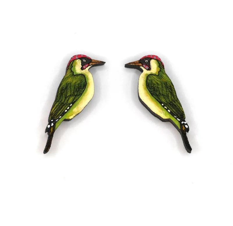Bearded Moon - Green Woodpecker - Stud earrings