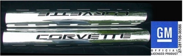SHIELD-SIDE EXHAUST-POLISHED STAINLESS STEEL-WITH CORVETTE LOGO- PAIR-63-82 (#E20797)