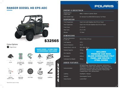 POLARIS RANGER DIESEL HD EPS - SAVE $3500 + $1000 FREE ACCESSORIES - 1 ONLY - OFFER ENDS APR. A WHOLE NEW KIND OF RANGER TOUGH.