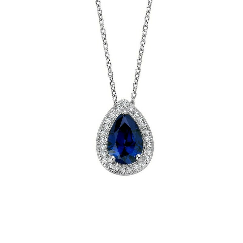 Sapphire Pear Halo Drop Necklace