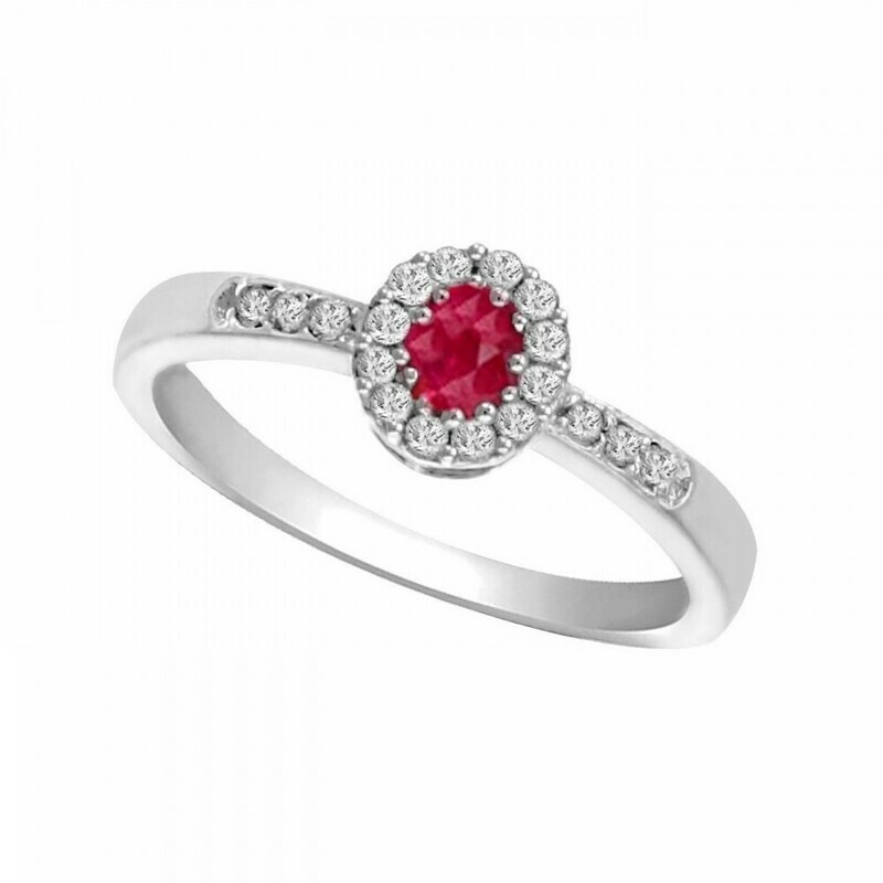 14K White Gold Color Ensembles Halo Prong Ruby Ring 1/6CT