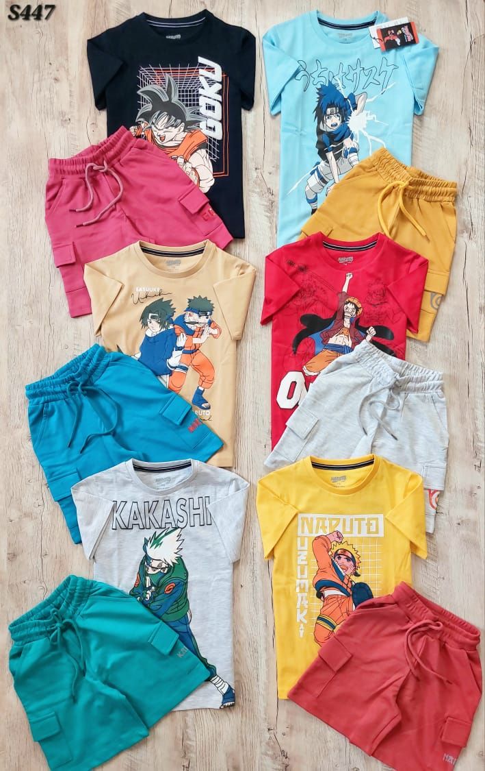 NARUTO Premium Quality Cotton Kids Boys Half Sleeve T-shirt &amp; Cargo Shorts Set - 41 Pc