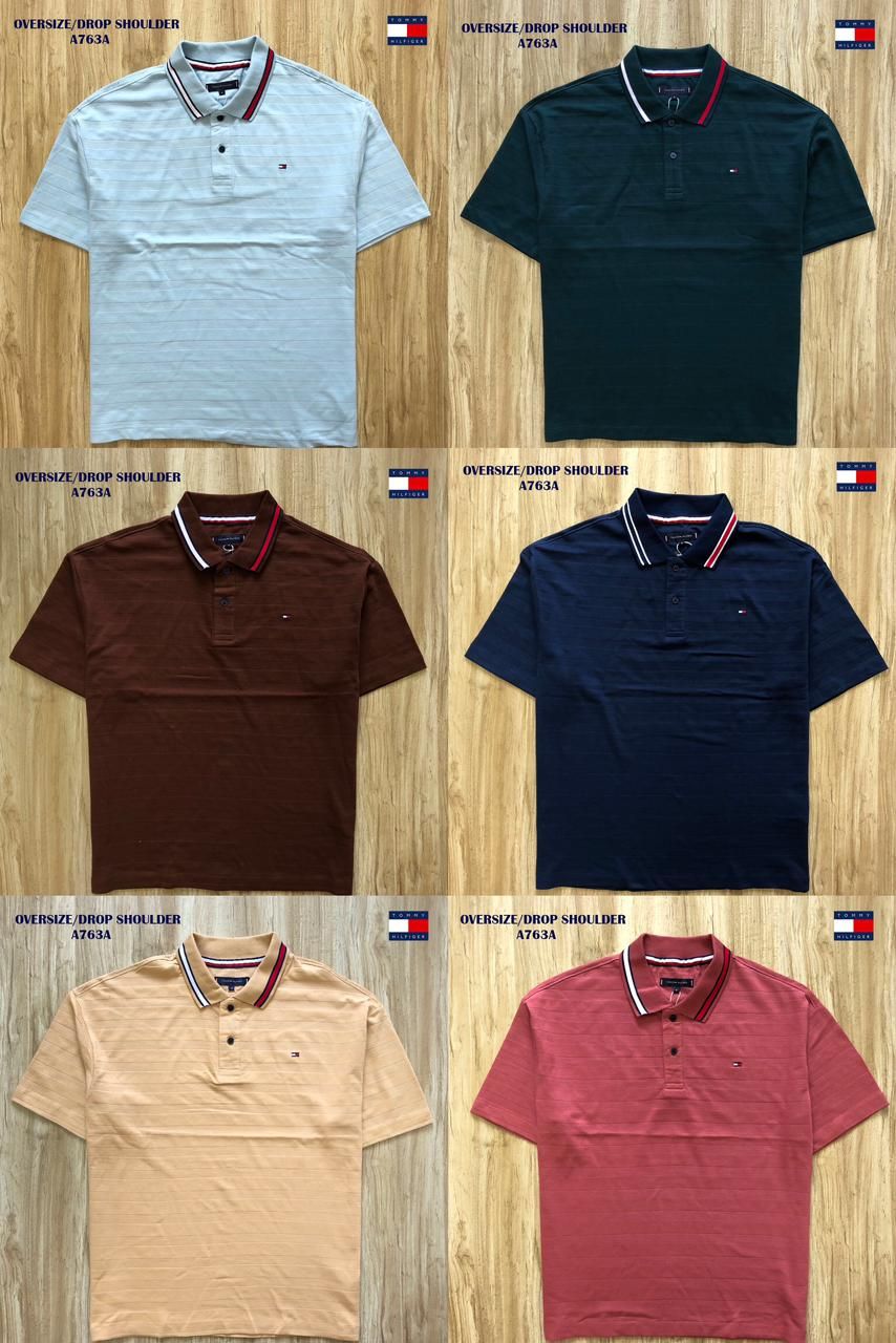 TOMMY HILFIGER Premium Quality Cotton Oversized Dropshoulder Collar Neck Half Sleeve Men&#39;s T-shirt - 39 Pc