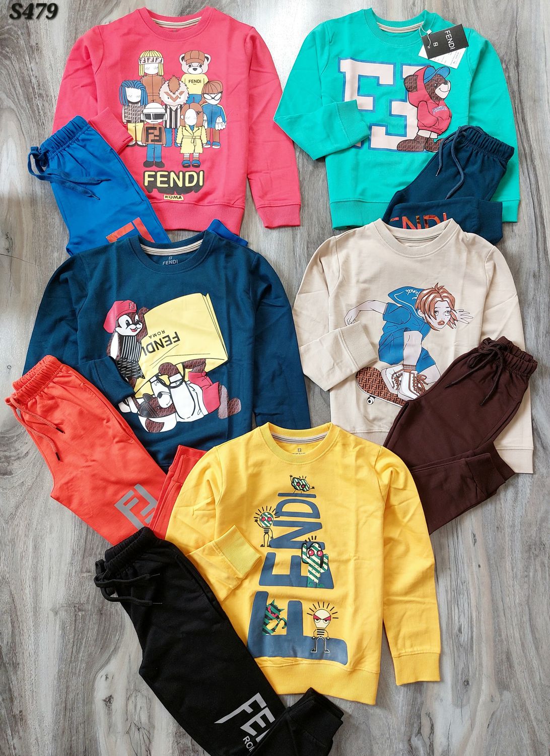 FENDI Premium Quality Cotton Round Neck Full Sleeve Sweatshirt &amp; Trackpant kids Tracksuit - 60 Pc