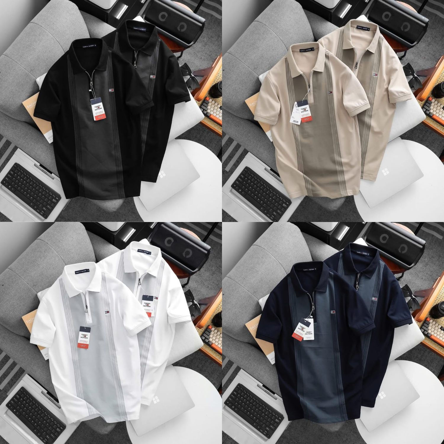 Tommy Hilfiger Premium Quality Cotton Zipper Collar Neck Half Sleeve Men's T-shirt - 54 Pc