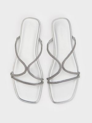 Fancy Silver simple diamond Straps Flat sandals for women-90 pair