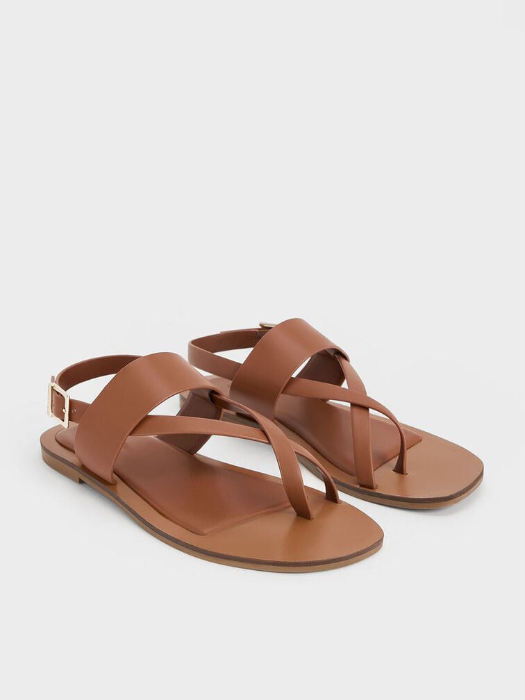 Women's Brown PU Leather Flat Thong T Strap Sandals - 90 PAIR