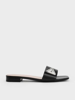 Genuine Leather Milky-White Flat Square Toe Sandals for Women Black - 88 pair