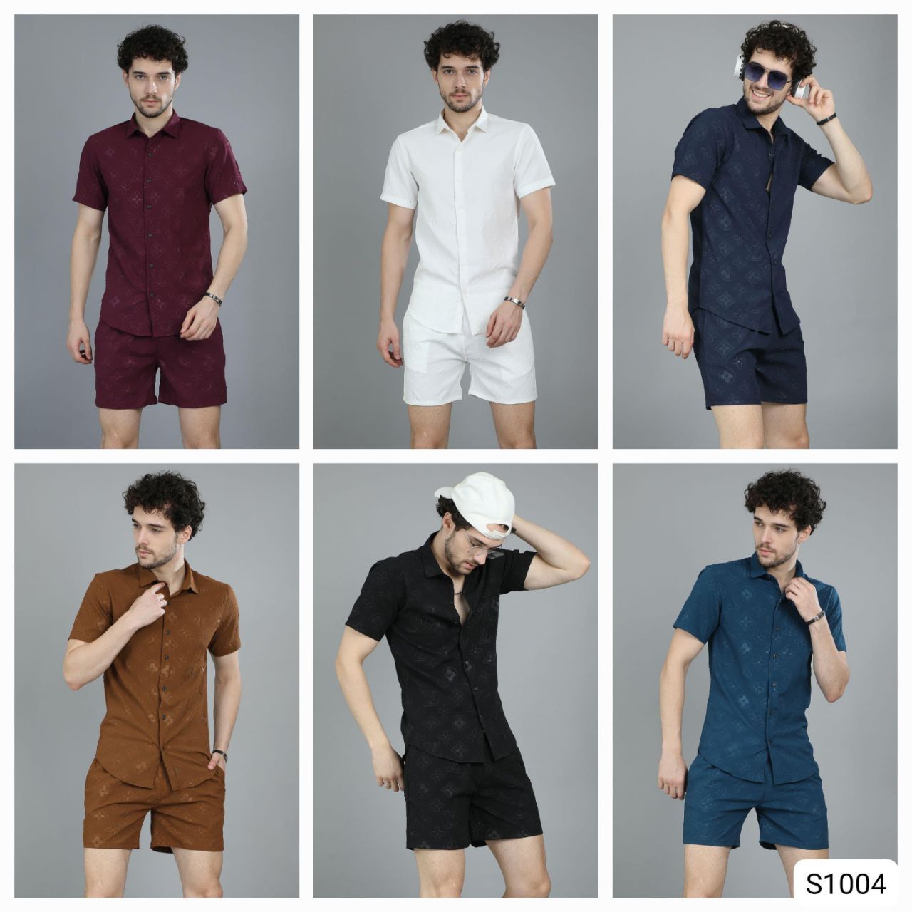 Louis Vuitton Premium Quality Embossed Lycra Collar Neck Half Sleeve Shirt &amp; Shorts Men's Co-ord Set - 24 Set