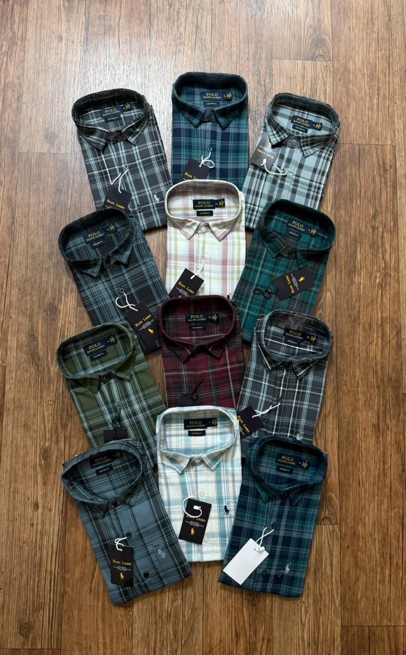 Ralph Lauren Premium Quality Cotton Checks Oxford Collar Neck Full Sleeve Men's T-shirt - 65 Pc