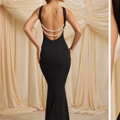 Ladies Premium Quality Halter Pearl-Detail Backless Mermaid Maxi Dress -30 Pc