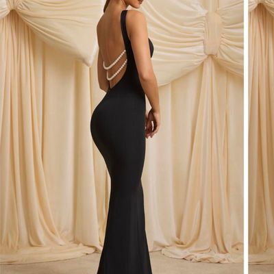 Ladies Premium Quality Halter Pearl-Detail Backless Mermaid Maxi Dress -100 Pc