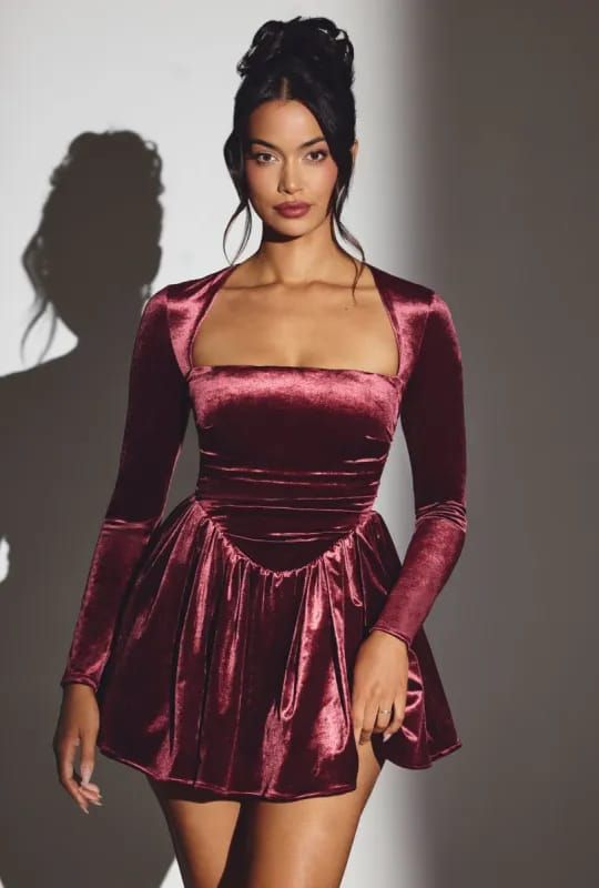 Ladies Premium Quality Burgundy Velvet Square-Neck Skater Mini Dress - 30 Pc