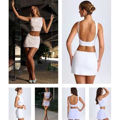 Ladies Premium Quality Ivory Open-Back Crop Top &amp; Mini Skirt Co-Ord Set - 30 Set