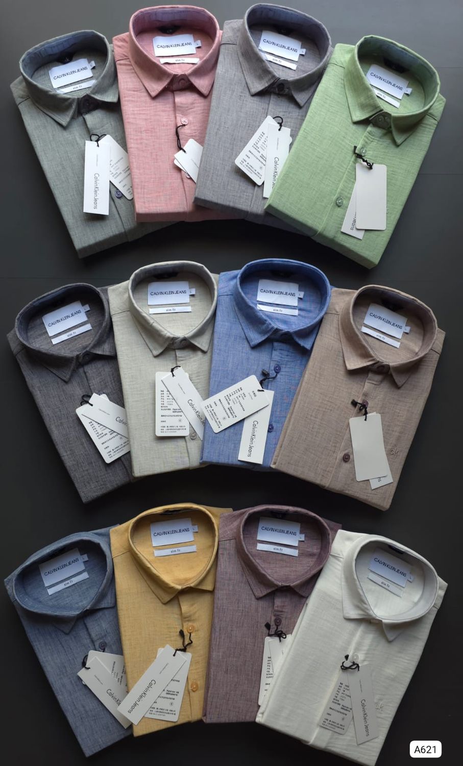 Calvin Klein Premium Quality Plain Linen Collar Neck Full Sleeve Men's Shirt - 47 Pc