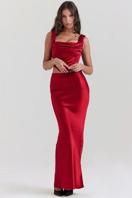Women's Premium Quality Corset and 'Sydel' Maxi Skirt Set in a Luxurious Ruby Red Satin Finish. - 100 Pc