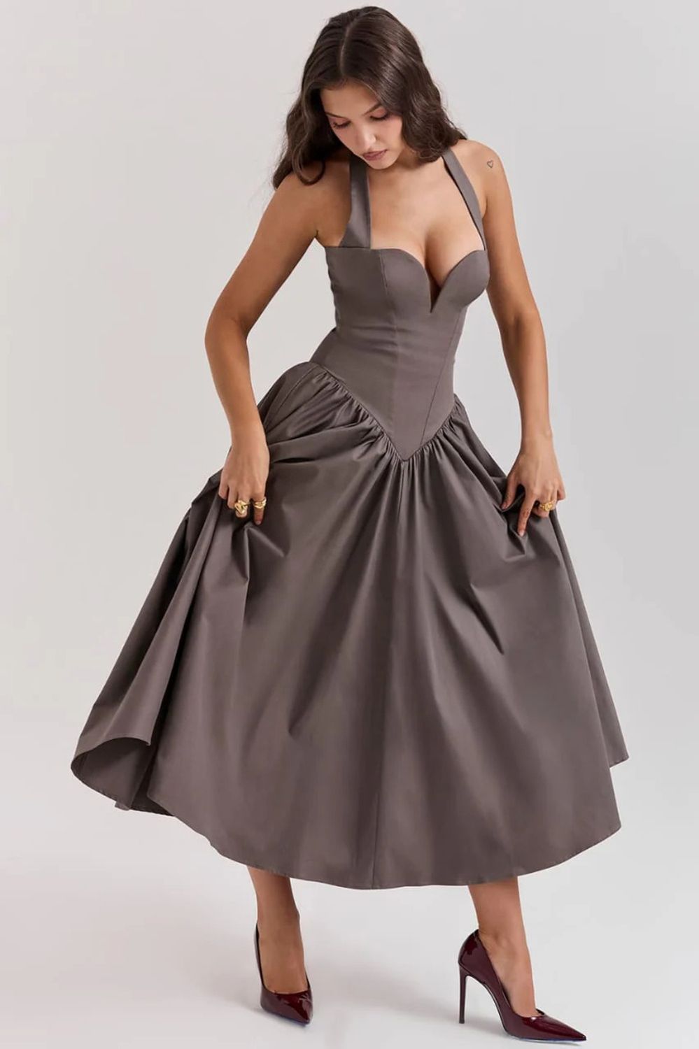 Women's Premium Quality halter midi dress features a voluminous, tulle-lined skirt and is crafted from stretch twill Dress - 30 Pc
