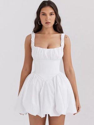 Women's Premium Quality White Poplin Bubble Mini Dress Featuring a Square Neckline and a Structured Bodice. - 100 Pc