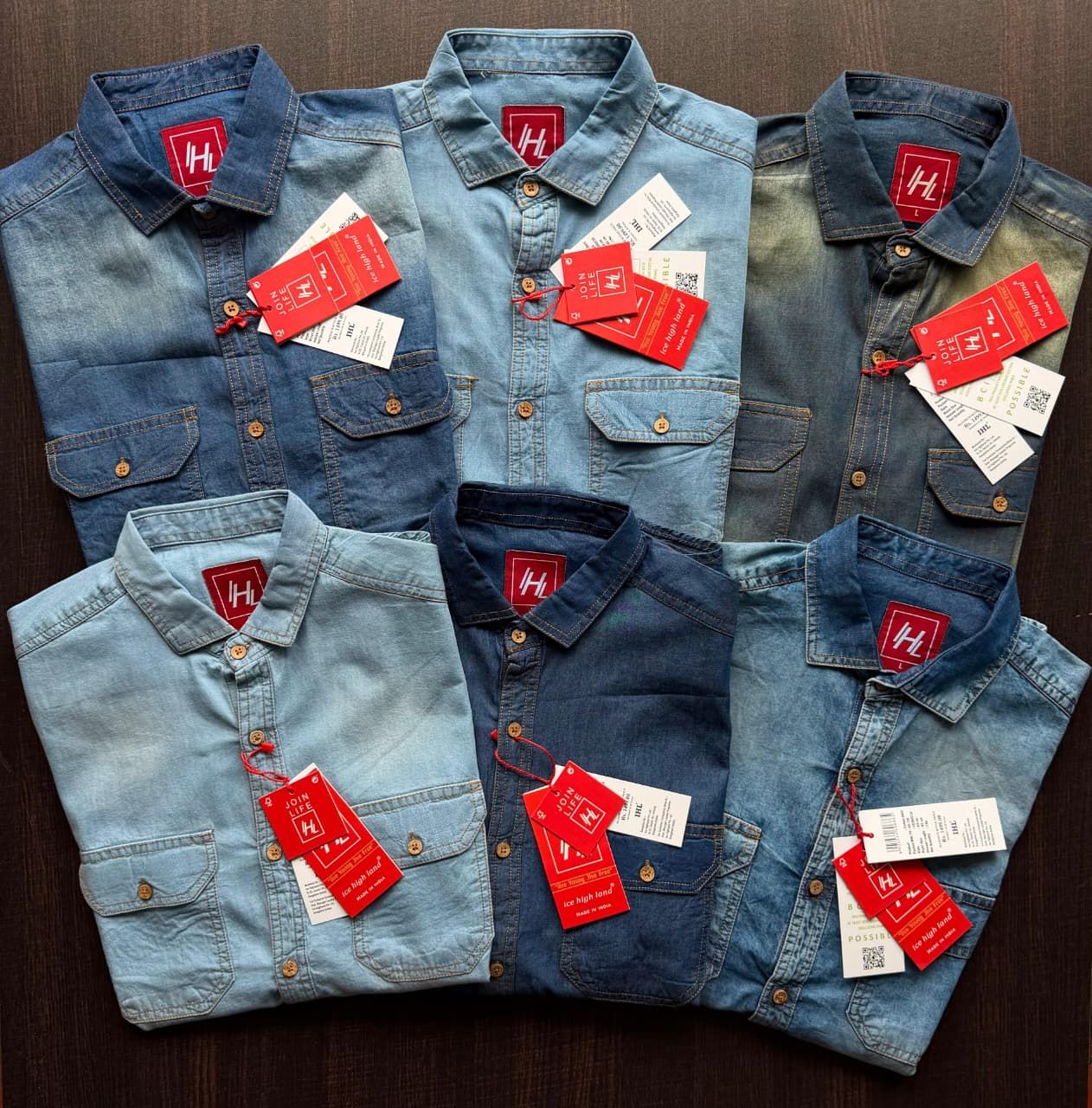 IHL Premium Quality Cotton Soft Denim Collar Neck Full Sleeve Men's Denim Shirt - 56 Pc