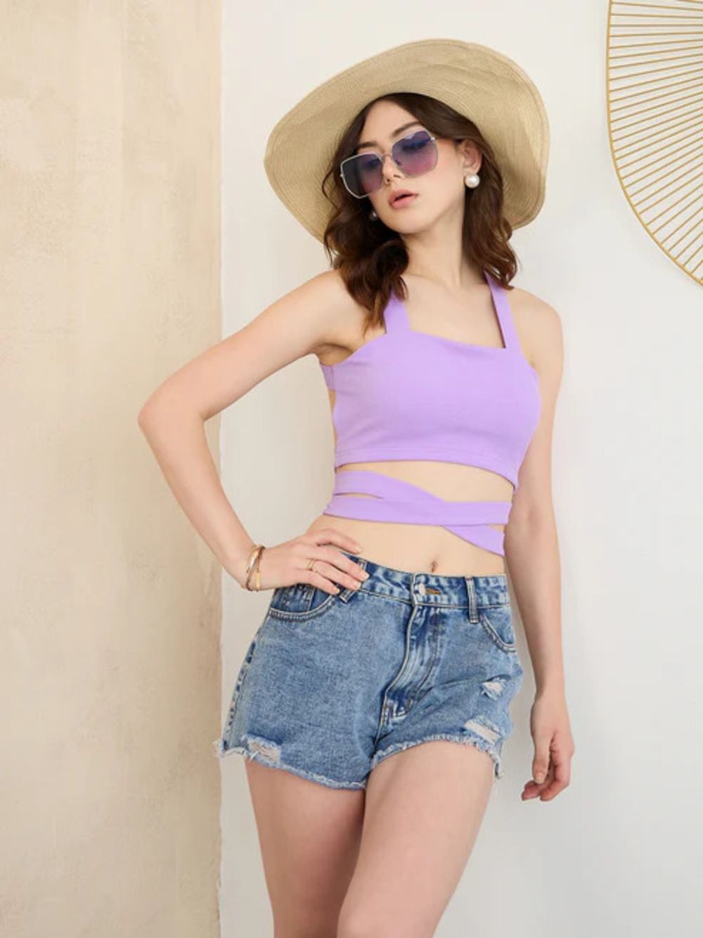 Women's Premium Quality Berrylush lavender striped ribbed crop top featuring a tie-back design. - 30 Pc