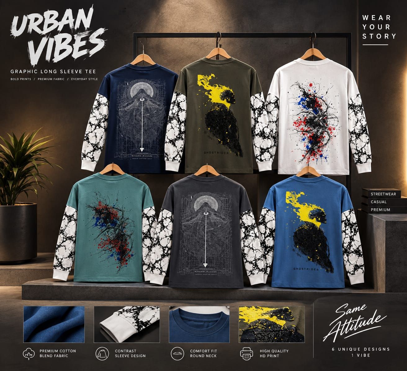 Men's Branded Premium Quality Round Neck Full Sleeve Men's T-Shirt - 36 Pc