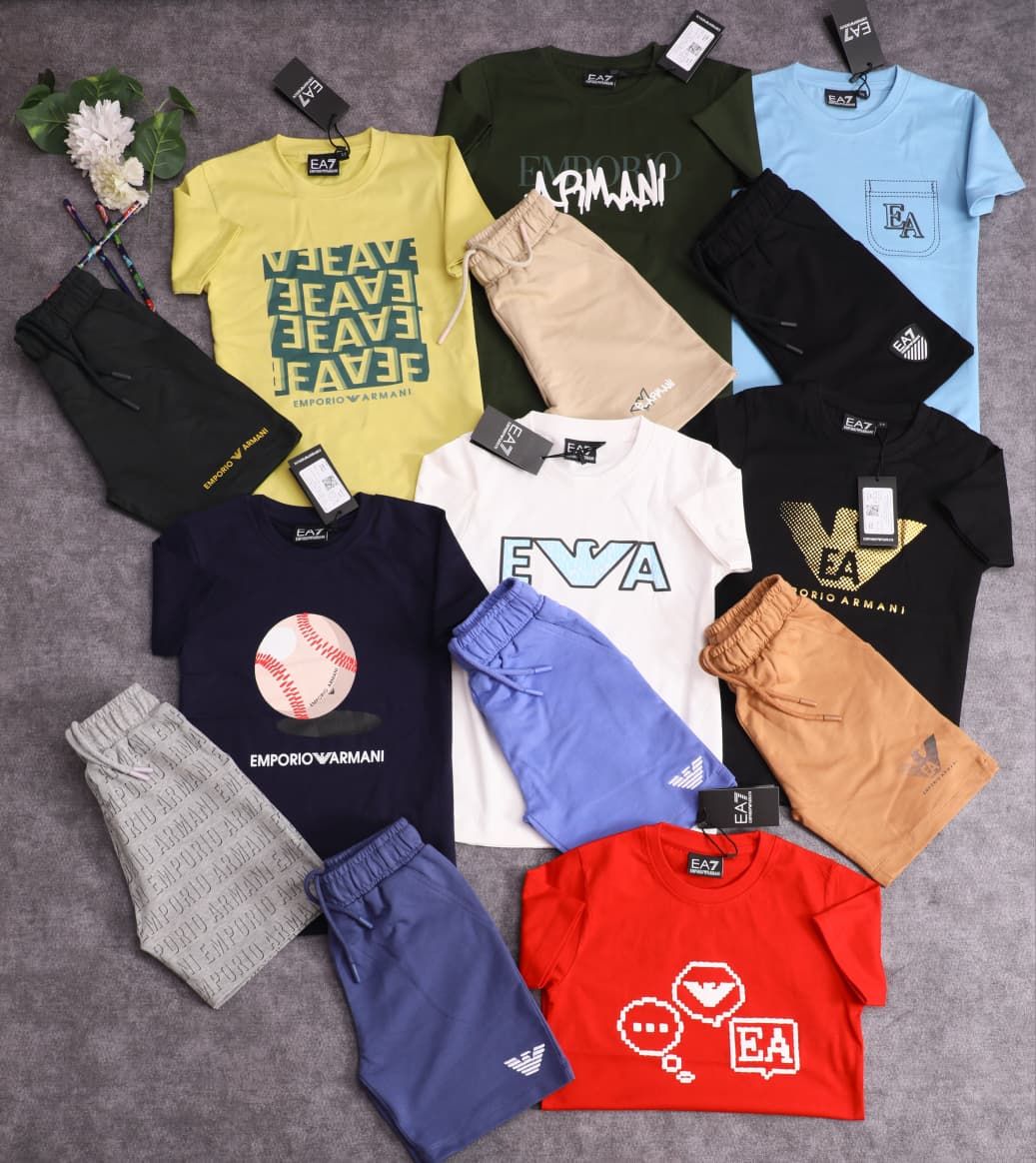 Kids Armani Premium Quality Cotton Round Neck T-Shirt &amp; Shorts Kids Co-ord Set - 45 Pc