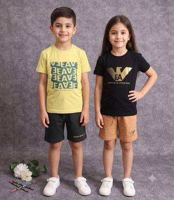 Kids Armani Premium Quality Cotton Round Neck T-Shirt &amp; Shorts Kids Co-ord Set - 45 Pc
