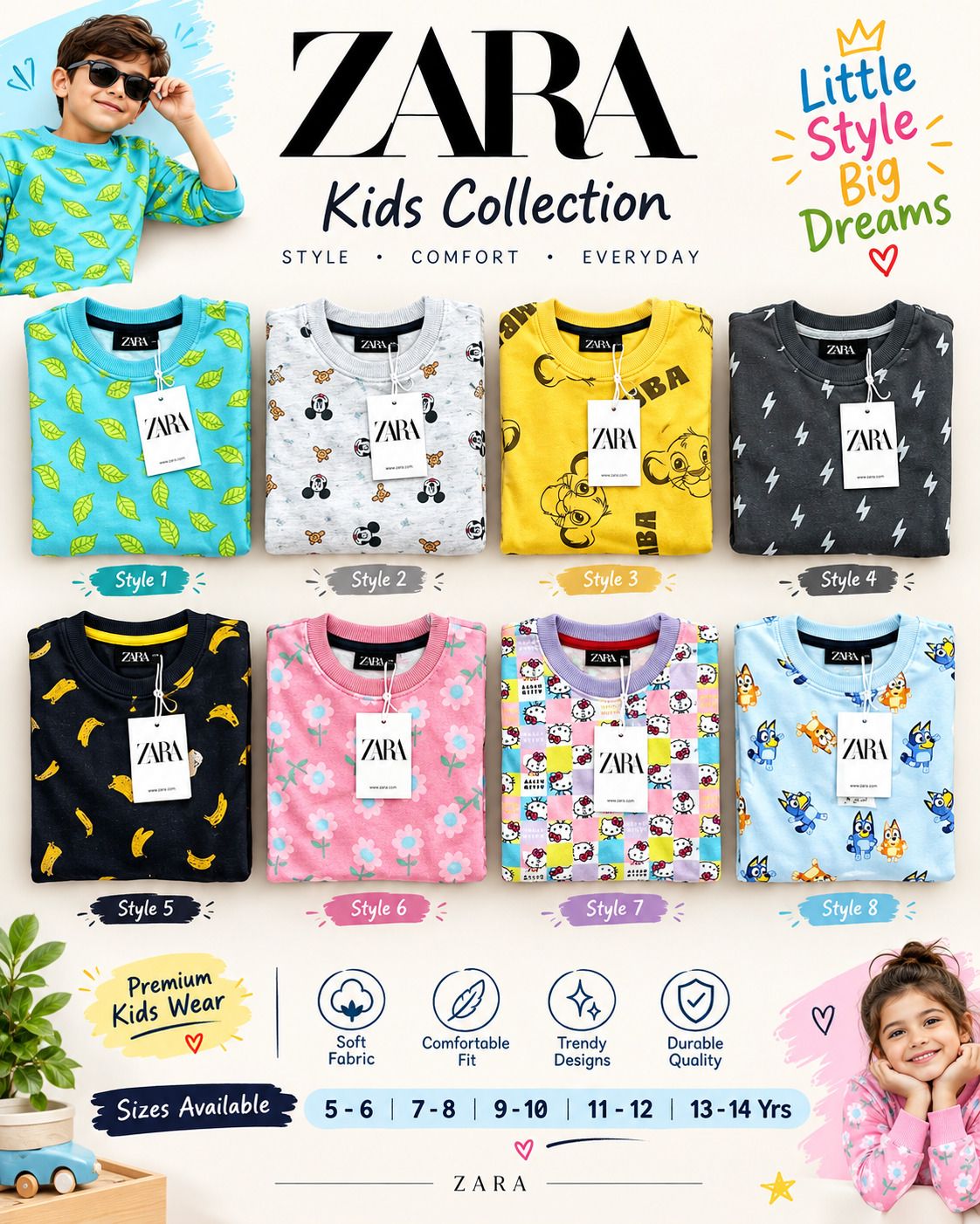 Kids Zara ( Unisex )Premium Quality Cotton Round Neck Full Sleeve Sweatshirt &amp; Track Pant Kids top &amp; Bottom Set - 45 Set