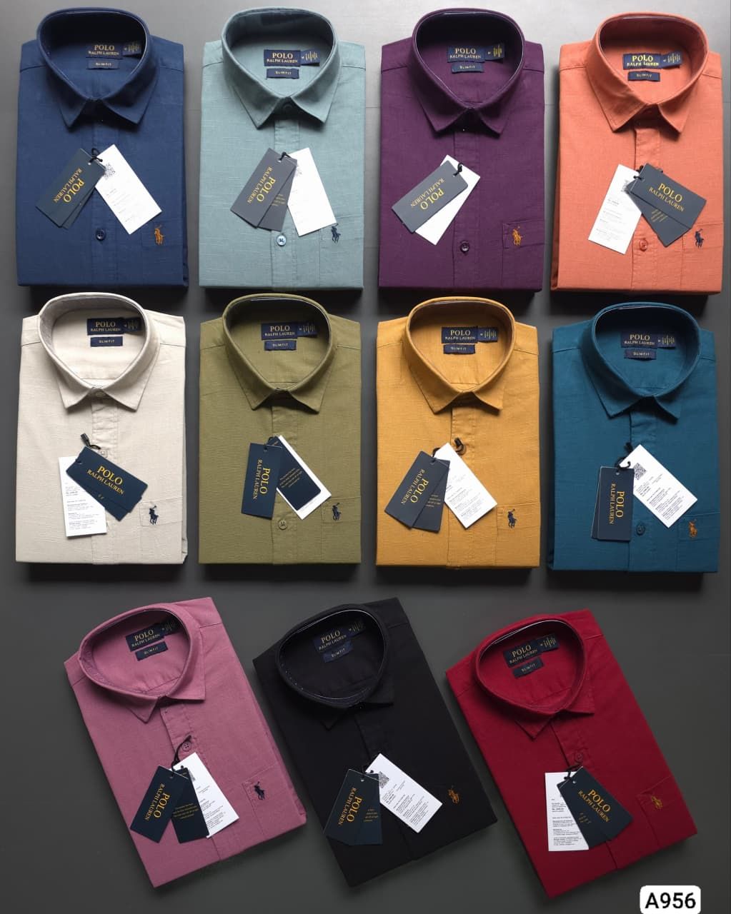 Ralph Lauren Premium Quality Cotton Linen Plain Collar Neck Full Sleeve Men's Shirt - 48 Pc