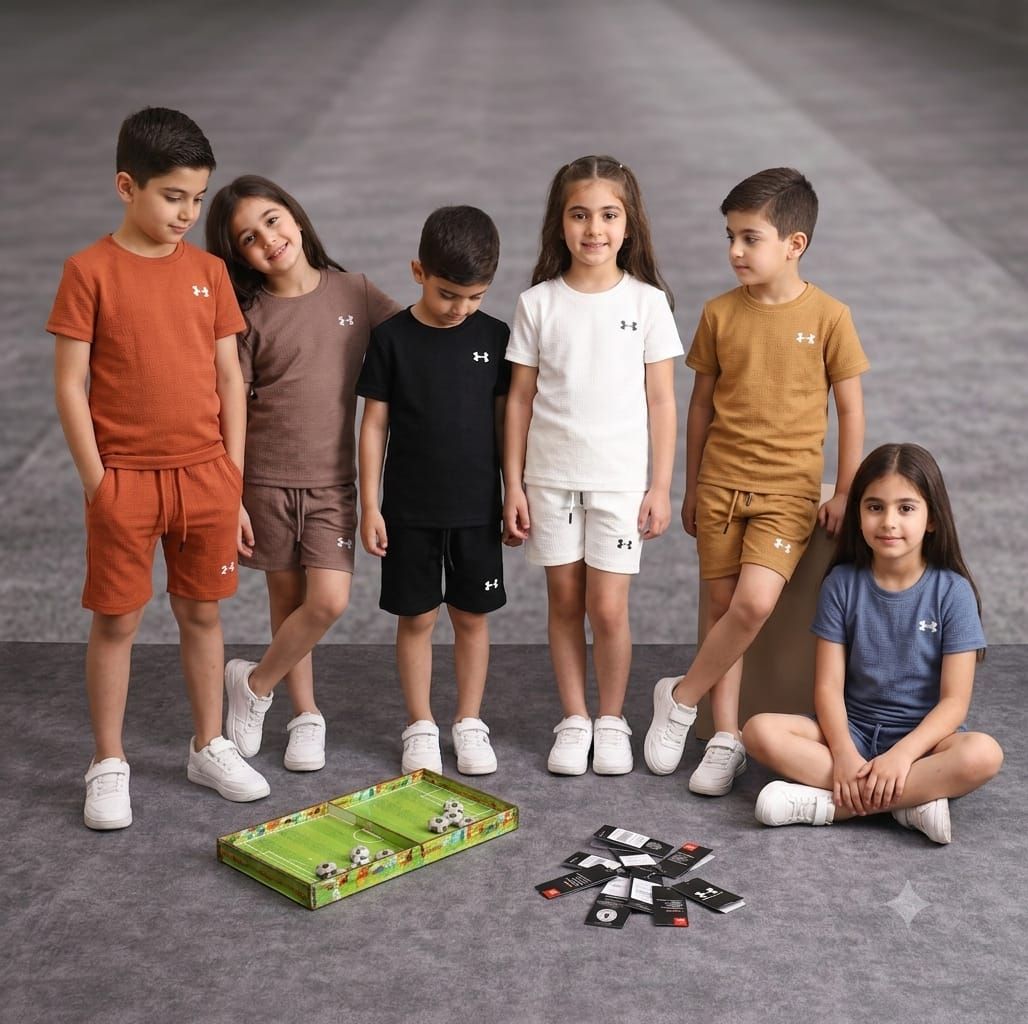 Under Armour ( Unisex ) Premium Quality Linen Round Neck T-Shirt &amp; Shorts Kids Co-ord Set - 40 Pc