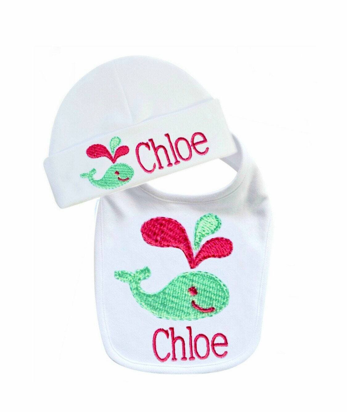 Girl Bib Pink Whale+ Matching Beanie Hat- Personalized with Name