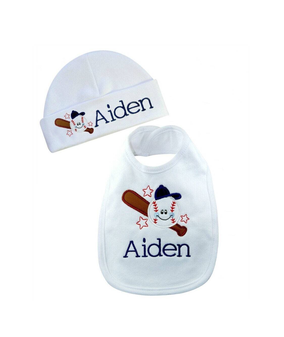 Boy Baseball Bib with Matching Beanie Hat- Personalized with Name