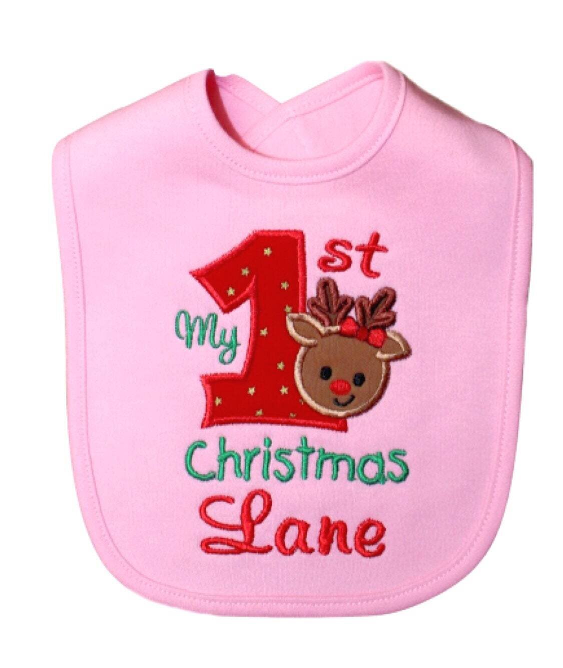 First Christmas Girl Bib Holiday Reindeer Personalized with Name