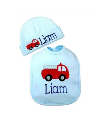 Boy Firetruck Bib+Matching Beanie Hat- Personalized with Name