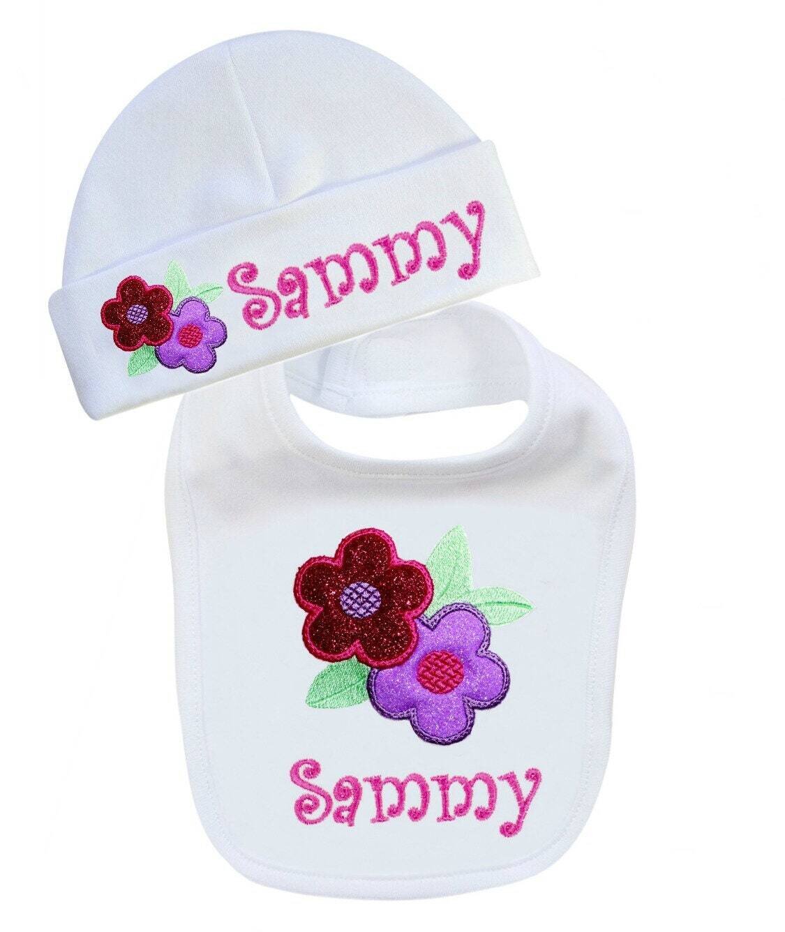 Baby Girl Flowers Bib + Hat Personalized with Name