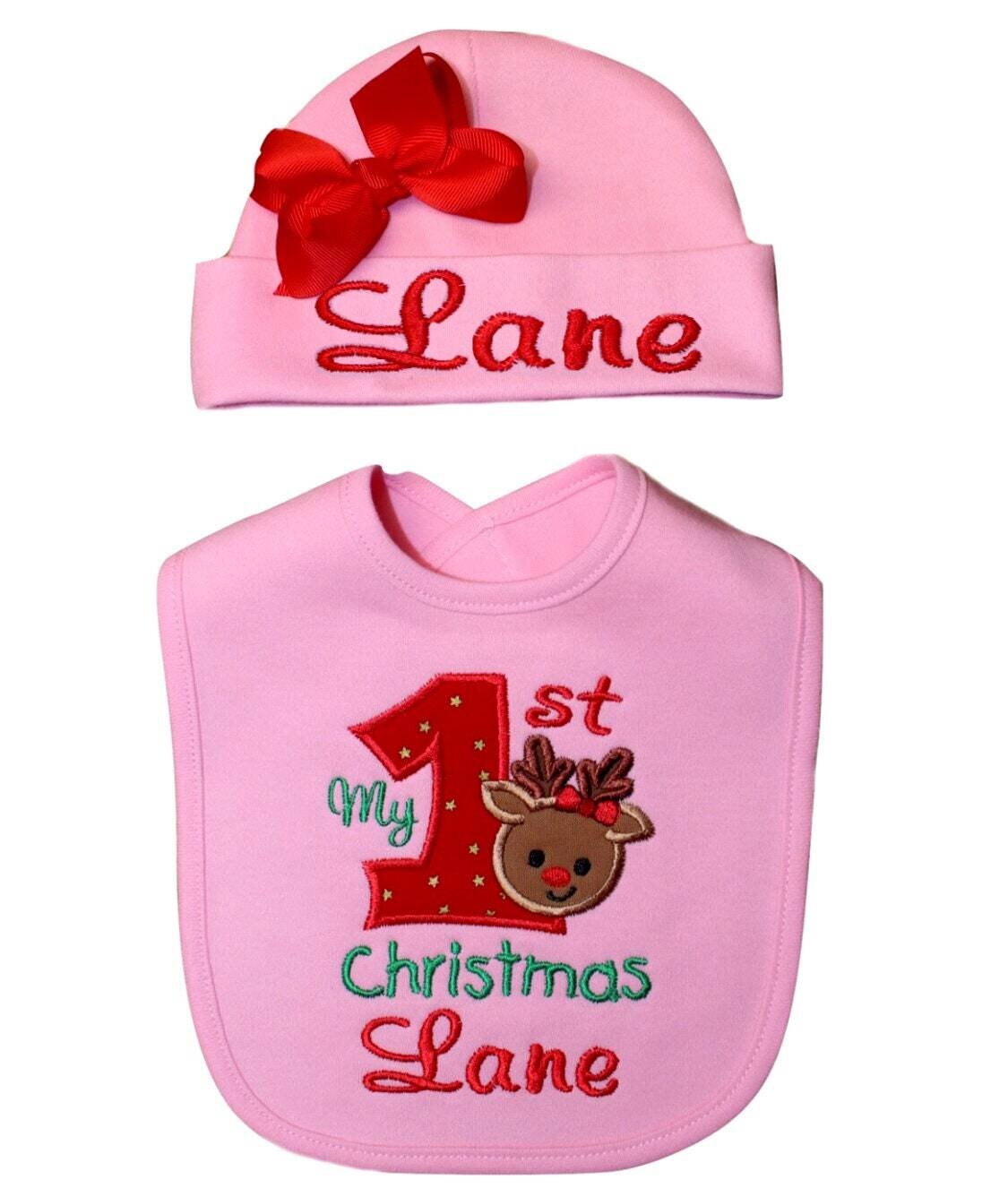 Christmas Baby Girl Bib+Matching Hat Personalized with Name