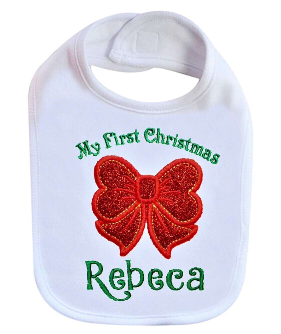 Christmas Baby Girl Bib with Glitter Bow Personalized with Name