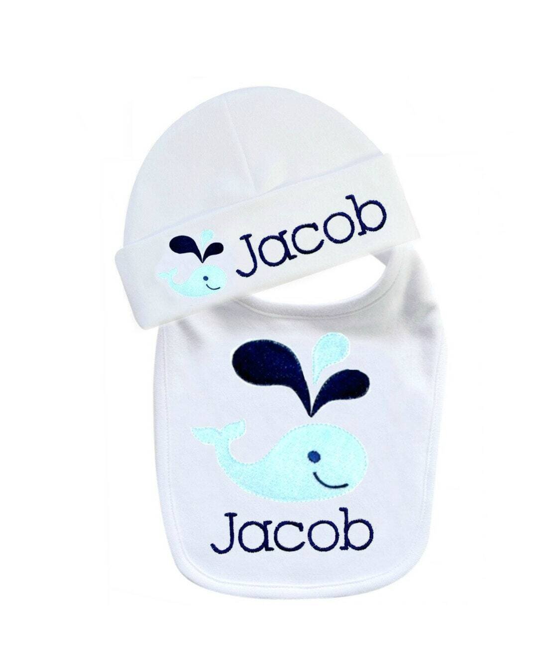 Baby Boy Gift Set Bib+ Matching Beanie Hat Personalized with Name