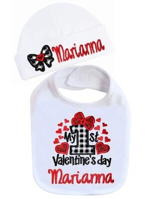 My 1st Valentine&#39;s Day Girl Bib with Hat Personalized with Name