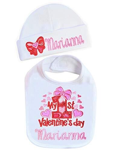 1st Valentine&#39;s Day Girl Bib with Hat Personalized with Name