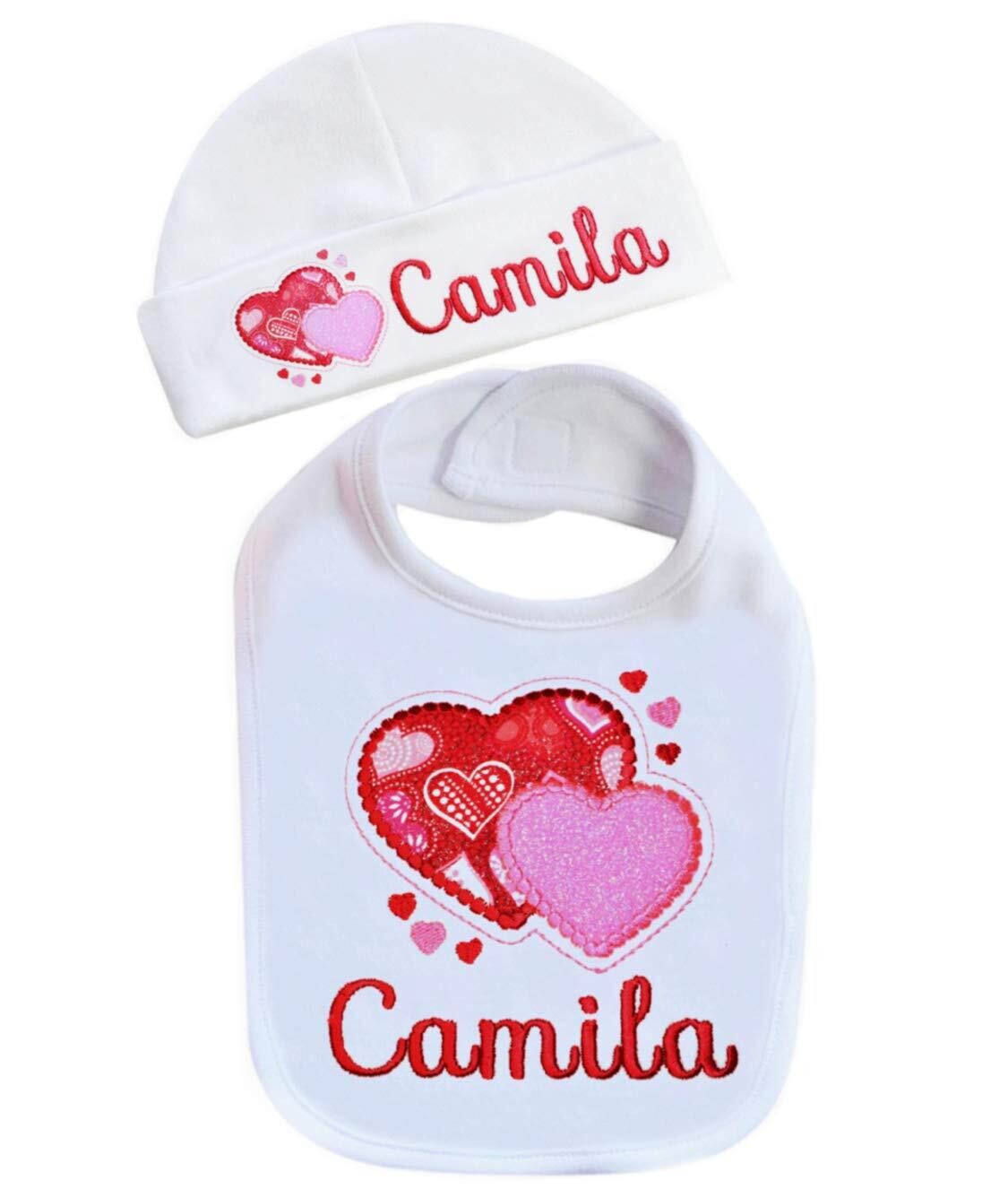 My First Valentine&#39;s Day Girl Bib with Hat Personalized Name